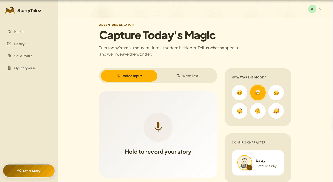 StarryTalez voice input screen for capturing a daily story moment